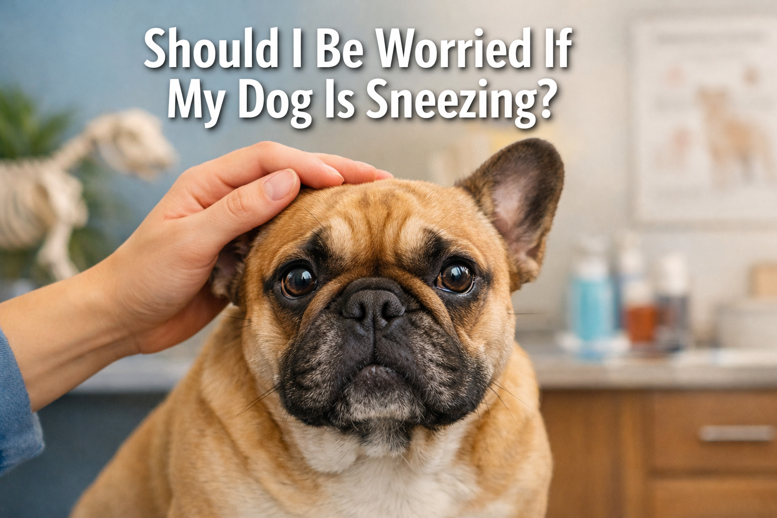 Professional landscape hero image (1536x1024) with bold text overlay: 'Should I Be Worried If My Dog Is Sneezing?', modern sans-serif 70pt w