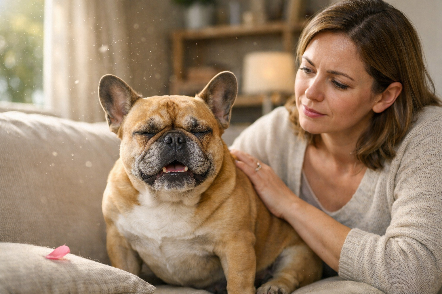 A detailed, editorial quality landscape image (1536x1024) depicting a concerned pet owner gently observing their French Bulldog, which is ca